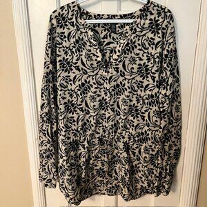 LAUREN RALPH LAUREN TAN & BLACK FLORAL COTTON TUNIC, DRAWSTRING WAIST, XL